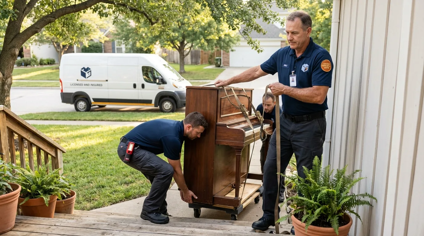 Licensed piano movers securing grand piano in Massena, NY