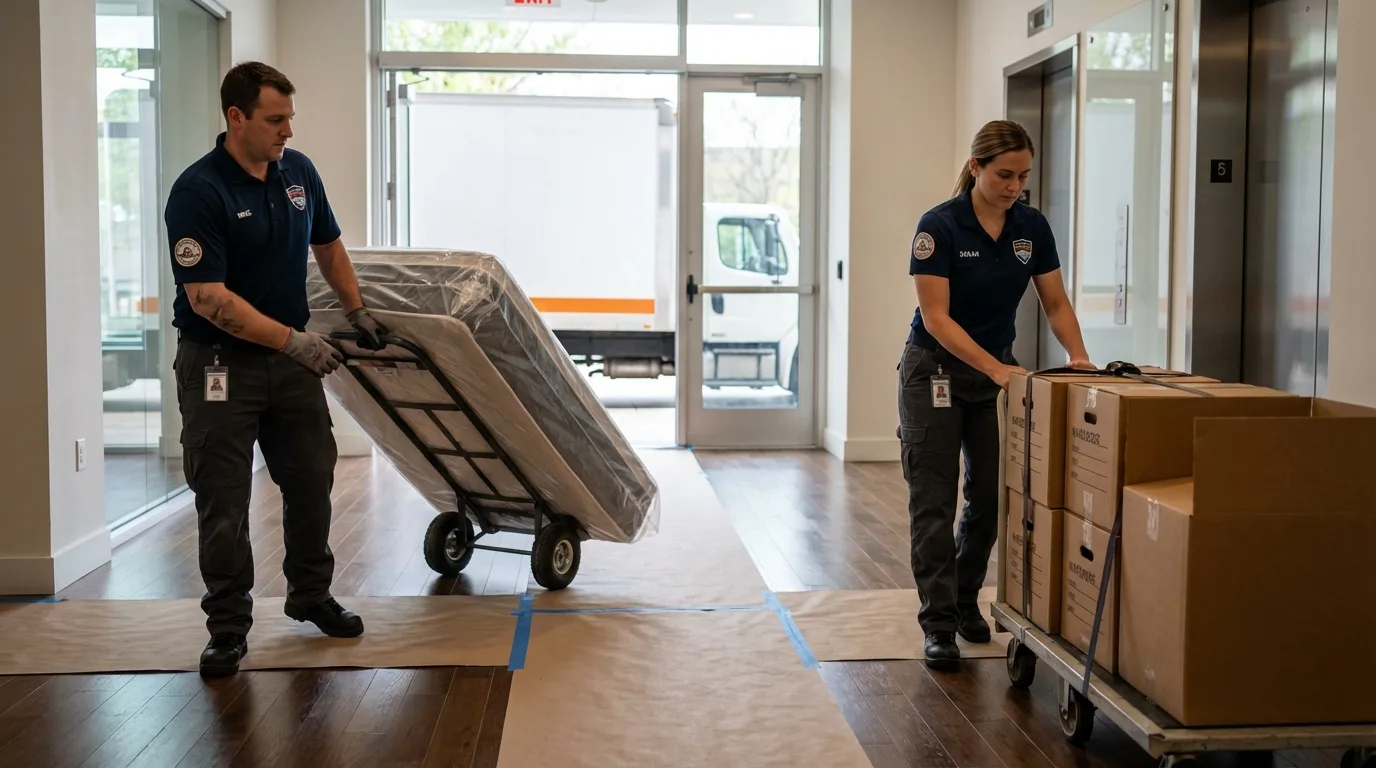 Professional apartment movers loading elevator in Massena, NY