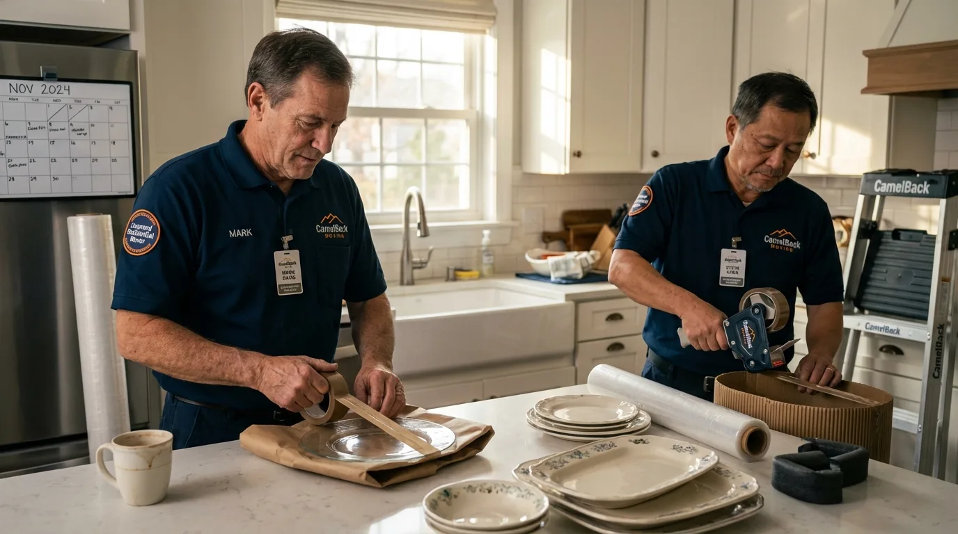 Professional crew packing kitchen dishware in Massena, NY